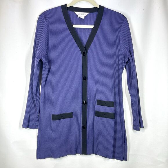 Misook Women Sz M Purple Ribbed Long Sleeve Button Front Cardigan Black Trim - Picture 9 of 11